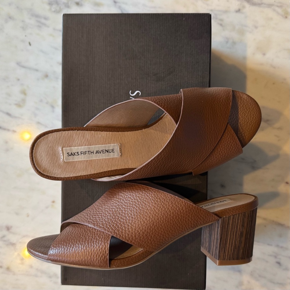 Saks Cognac Leather Block Heel Sandals - 6.5